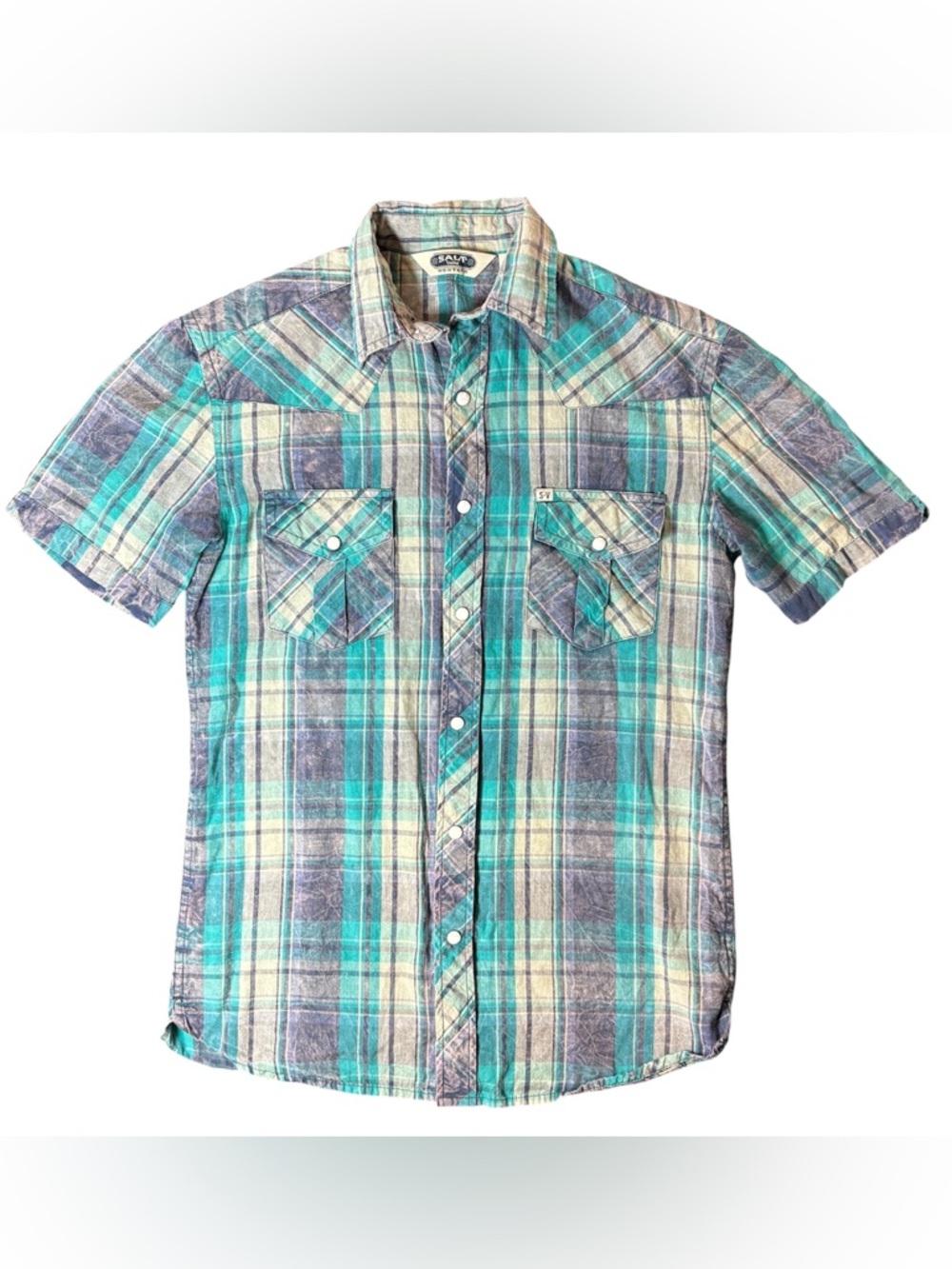 Salt Valley Western Pearl Snap Plaid Shirt XS Green Blue
